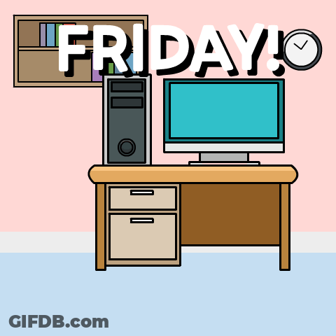A Cartoon Of A Sloth Sitting In Front Of A Desk With The Words Friday Written Above It GIF