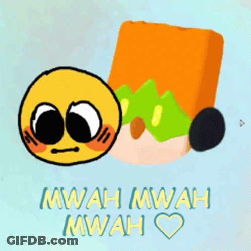 A Cartoon Of A Smiley Face And A Block With The Words Mwah Mwah Mwah On It GIF