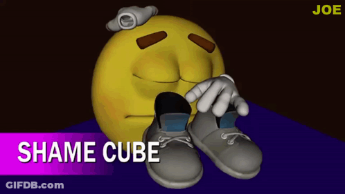 A Cartoon Of A Smiley Face With The Words " Shame Cube " Above It GIF
