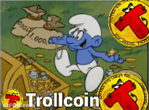 A Cartoon Of A Smurf Holding A Bag Of Money With The Words Trollcoin Written On The Bottom GIF