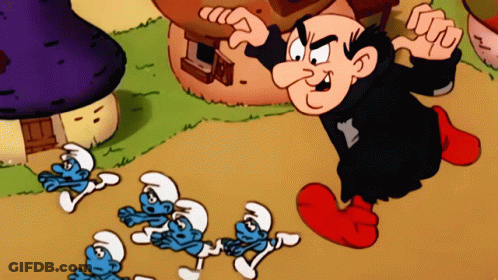 A Cartoon Of A Smurf Standing Next To A Group Of Smaller Smurfs GIF