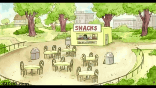 A Cartoon Of A Snack Stand In A Park GIF