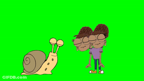 A Cartoon Of A Snail And A Girl With Two Faces On A Green Screen GIF