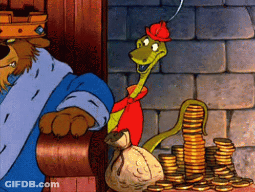 A Cartoon Of A Snake Standing Next To A Pile Of Coins GIF