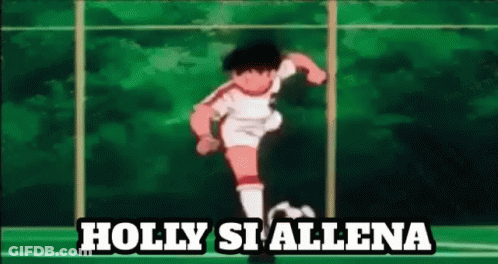 A Cartoon Of A Soccer Player Kicking A Soccer Ball With The Words Holly Si Allena Written On The Bottom . GIF
