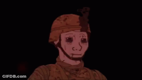 A Cartoon Of A Soldier With A Sad Face And A Helmet On . GIF