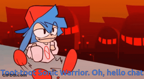A Cartoon Of A Sonic Warrior With The Words Toot-Toot Sonic Warrior Oh Hello Chat GIF