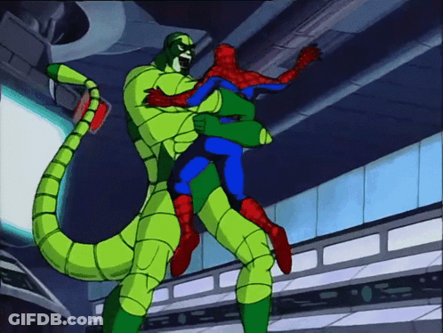 A Cartoon Of A Spider-Man Being Held By A Scorpion GIF