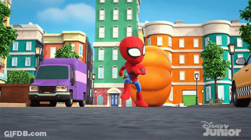 A Cartoon Of A Spider Man Carrying A Giant Pumpkin In A Disney Junior Advertisement GIF