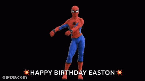A Cartoon Of A Spider Man Dancing With The Words Happy Birthday Easton GIF