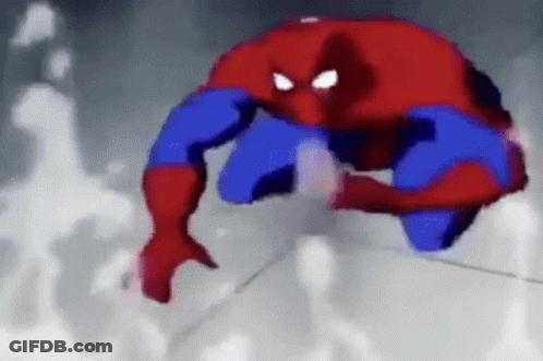 A Cartoon Of A Spider Man Flying Through The Air With A Spider Web . GIF