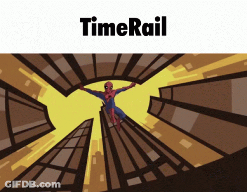 A Cartoon Of A Spider Man Flying Through The Air With The Words Timerail Below Him GIF