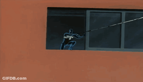 A Cartoon Of A Spider Man Hanging From A Rope GIF