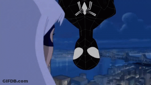 A Cartoon Of A Spider Man Hanging Upside Down With A City In The Background GIF