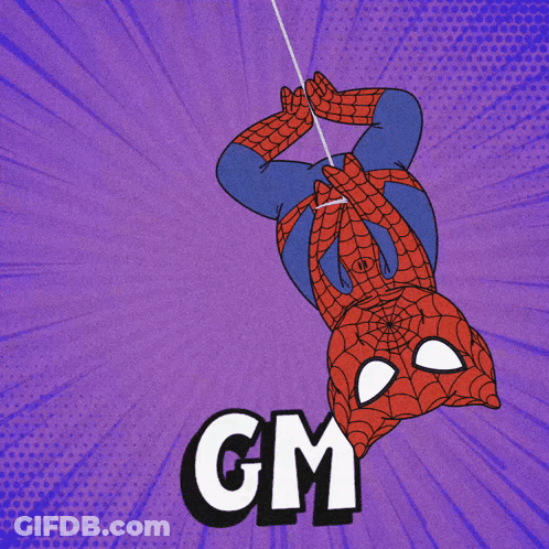 A Cartoon Of A Spider Man Hanging Upside Down With The Word Gm Above Him GIF