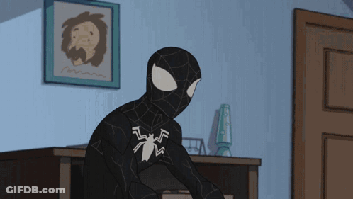 A Cartoon Of A Spider Man In A Black Suit GIF