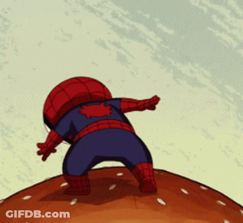 A Cartoon Of A Spider Man Standing On A Hamburger GIF