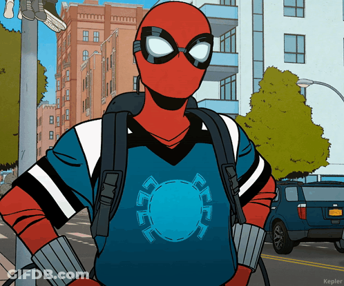A Cartoon Of A Spider Man Wearing A Jersey With A Spider Logo On The Front GIF