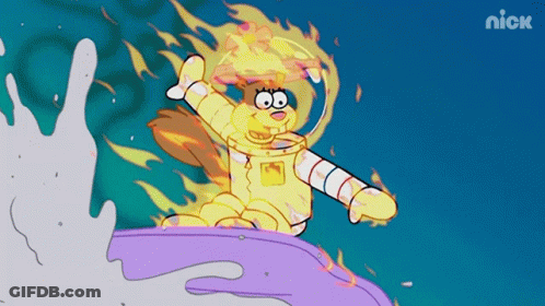 A Cartoon Of A Spongebob Character Riding A Wave With The Nick Logo Behind Her GIF