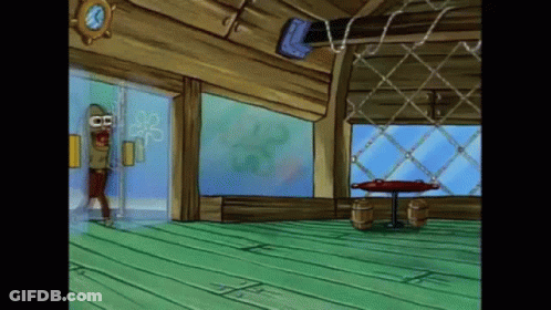 A Cartoon Of A Spongebob Character Standing In A Room GIF