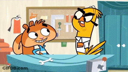 A Cartoon Of A Squirrel And A Bird Standing Next To Each Other At A Table . GIF