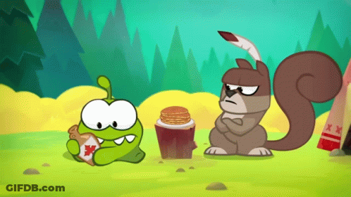 A Cartoon Of A Squirrel Holding A Bag Of Maple Syrup Next To A Squirrel Eating Pancakes GIF