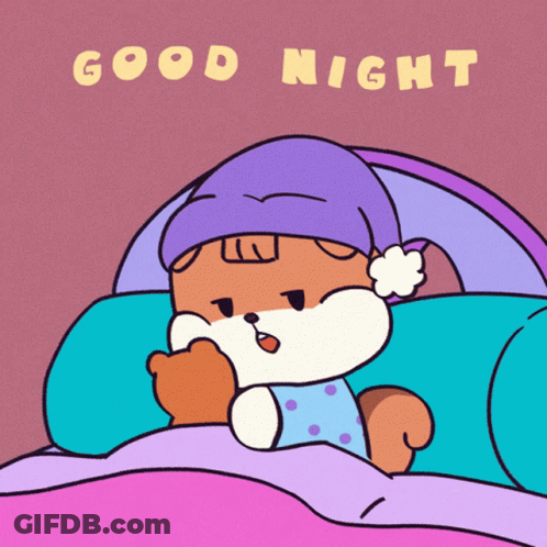 A Cartoon Of A Squirrel Laying In Bed With The Words " Good Night " On The Bottom GIF