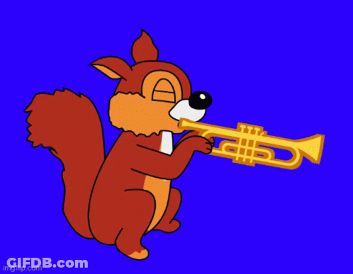 A Cartoon Of A Squirrel Playing A Trumpet With A Blue Background GIF