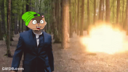 A Cartoon Of A Squirrel Wearing A Green Hat Is Standing In The Woods GIF