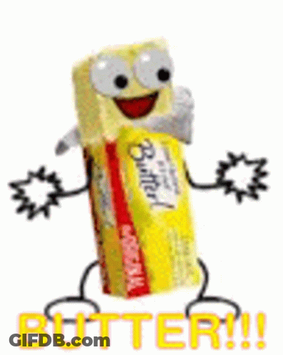 A Cartoon Of A Stick Of Butter With Arms And Legs And The Words `` Butter '' . GIF