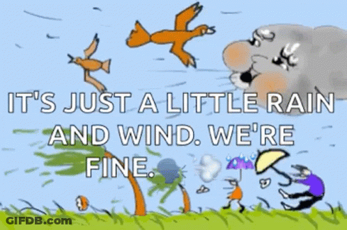 A Cartoon Of A Storm With The Words " It 'S Just A Little Rain And Wind We 'Re Fine " GIF