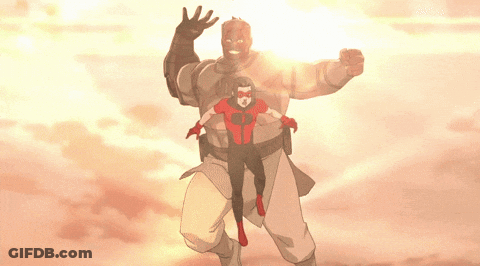 A Cartoon Of A Superhero Carrying Another Superhero On His Shoulders GIF