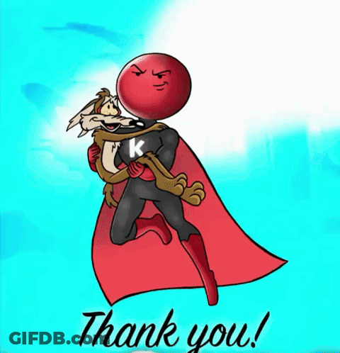 A Cartoon Of A Superhero Holding A Coyote With The Words Thank You Behind Him GIF