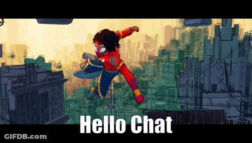 A Cartoon Of A Superhero Is Flying Through The Air With The Words Hello Chat Below Him GIF