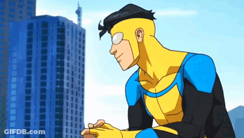 A Cartoon Of A Superhero Standing In Front Of A Tall Building . GIF