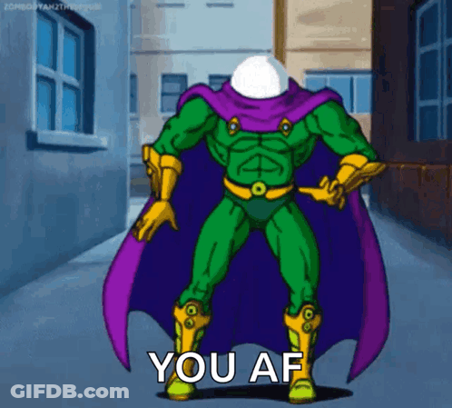 A Cartoon Of A Superhero With A Purple Cape Saying " You Af " GIF