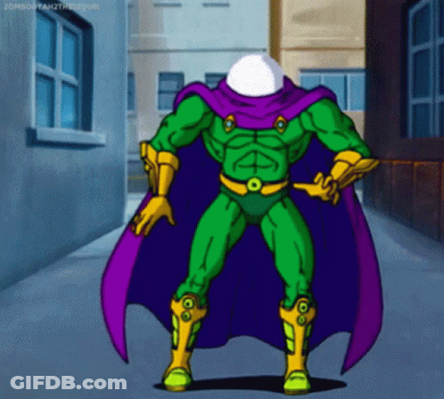 A Cartoon Of A Superhero With A Purple Cape Standing On A Sidewalk GIF