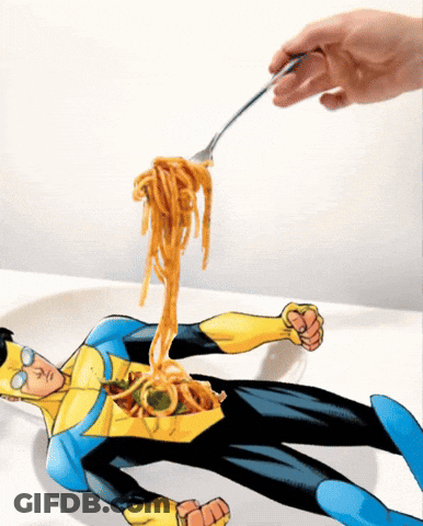 A Cartoon Of A Superhero With Spaghetti Coming Out Of His Stomach GIF