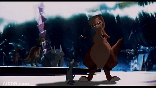 A Cartoon Of A T-Rex Standing Next To A Man And Another Dinosaur GIF