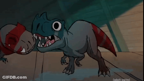 A Cartoon Of A T-Rex With Its Mouth Open And Adult Swim Written On The Bottom GIF