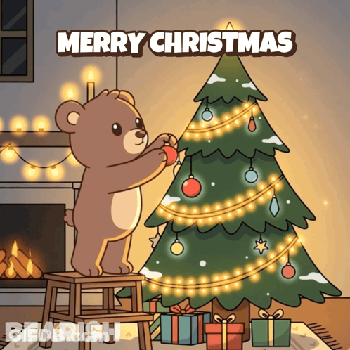 A Cartoon Of A Teddy Bear Decorating A Christmas Tree GIF
