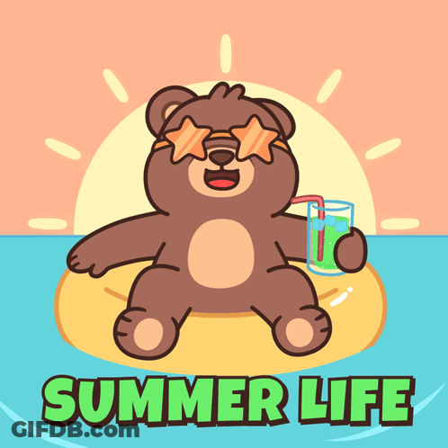 A Cartoon Of A Teddy Bear Floating On A Raft With The Words Summer Life Below Him GIF