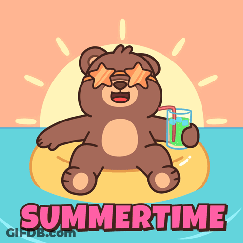 A Cartoon Of A Teddy Bear Floating On A Raft With The Words Summertime Written Below It GIF