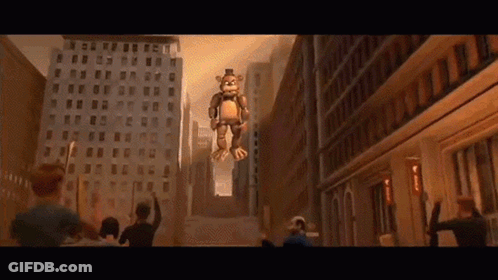 A Cartoon Of A Teddy Bear Flying Through The Air In A City . GIF