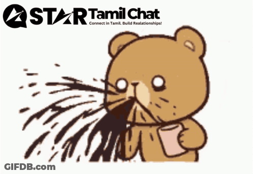 A Cartoon Of A Teddy Bear Holding A Cup With A Star Tamil Chat Logo Above It GIF