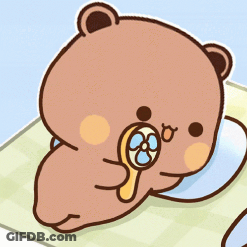A Cartoon Of A Teddy Bear Holding A Fan In His Mouth GIF