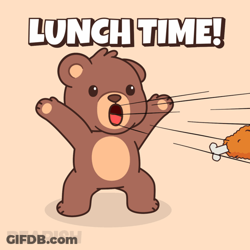 A Cartoon Of A Teddy Bear Holding A Fried Chicken Leg With The Words Lunch Time Written Above It GIF