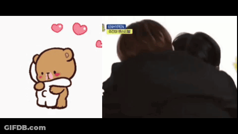A Cartoon Of A Teddy Bear Hugging Another Teddy Bear With Hearts Coming Out Of It GIF