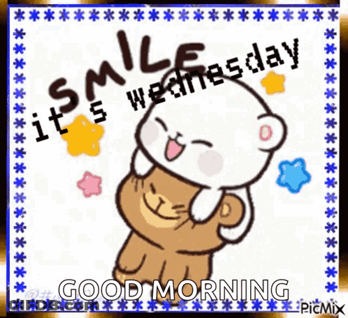 A Cartoon Of A Teddy Bear Hugging Another Teddy Bear With The Words " It 'S Wednesday Good Morning " GIF
