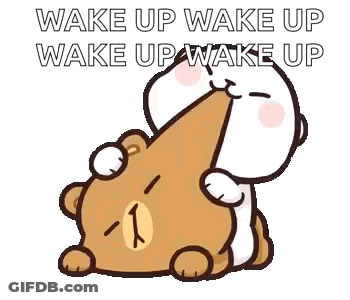A Cartoon Of A Teddy Bear Hugging Another Teddy Bear With The Words `` Wake Up Wake Up Wake Up Wake Up '' . GIF